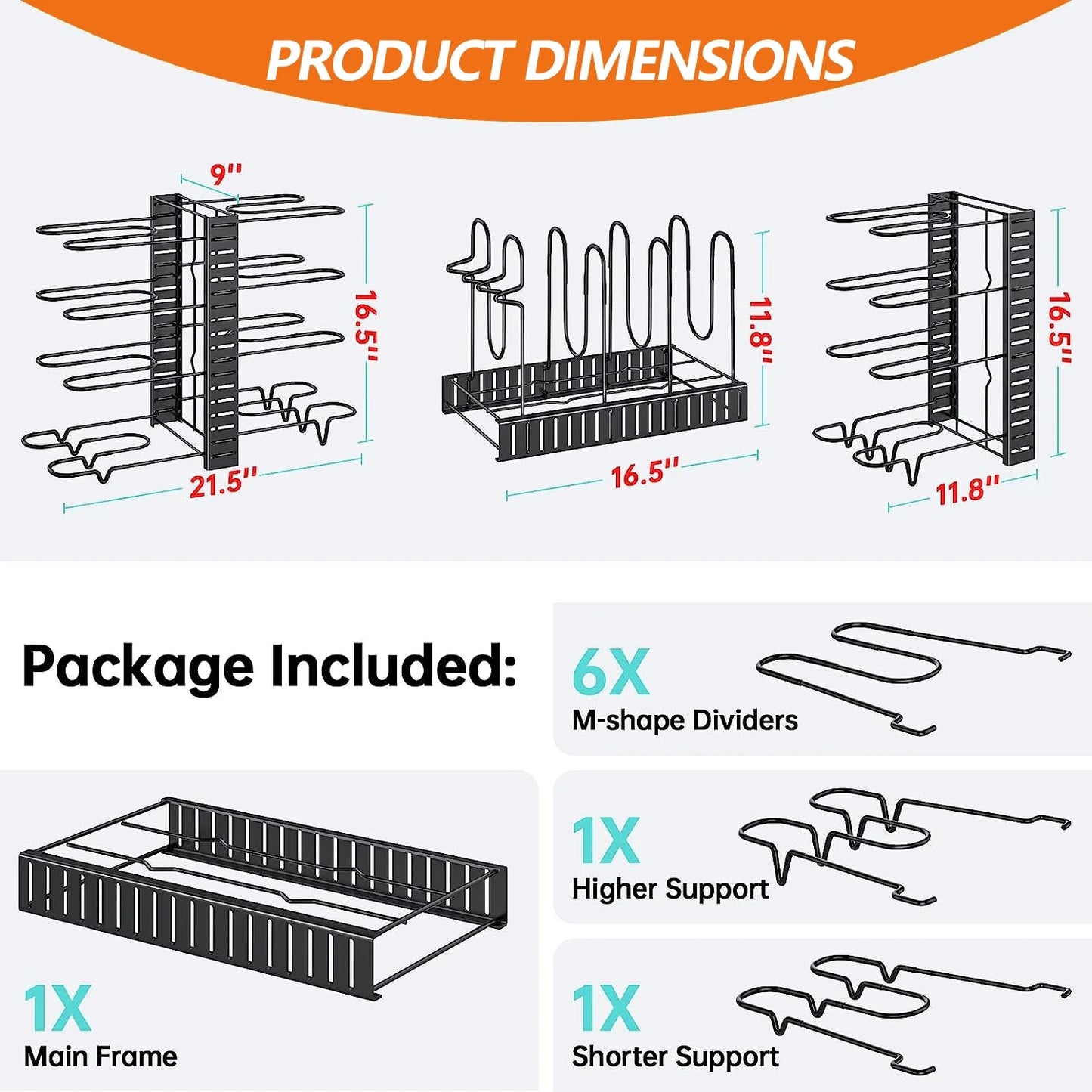 Pots and Pans Organizer Rack, 3 DIY Methods Adjustable 8-Tier Pot and Pan Rack, Metal Heavy Duty Pot Lid Organizer with Anti-Slip Silicone Pad for Cabinet Kitchen Organization Storage