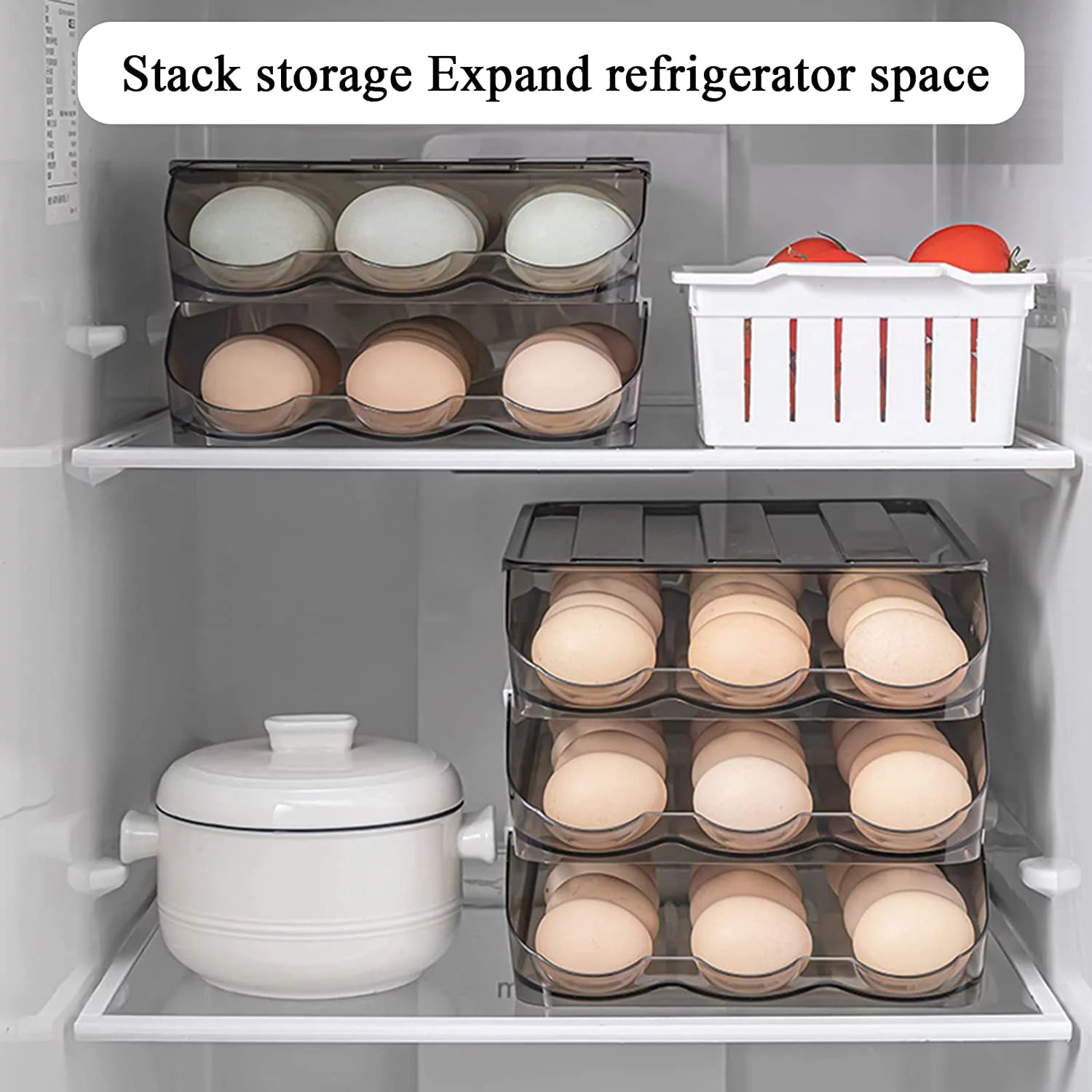 Large Capacity Auto Rolling Egg Holder for Refrigerator, Egg Fresh Storage Box for Fridge, Egg Storage Container Organizer Bin, Crystal Gray Plastic Storage Container (1 Layer)