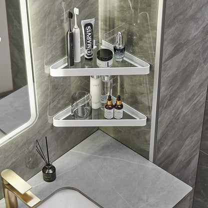 Corner Shower Shelves Glass Bathroom Corner Organizer Shelf Adhesive and Drill Mounted Shower Caddies Shampoo Holder Rust Free Glass Bathroom Shelves with Aluminum Brackets 2 Tier White