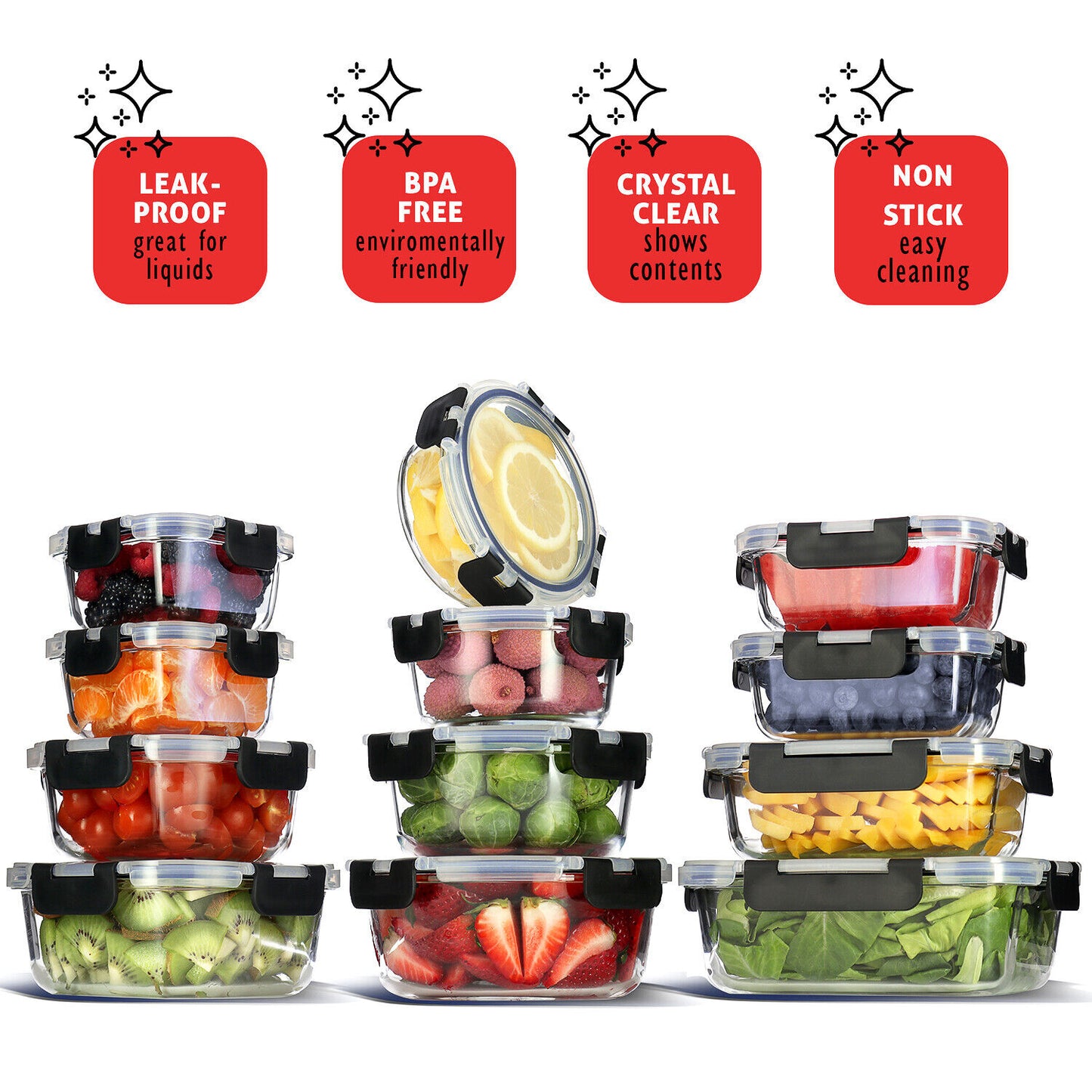 Set of 12-24 Glass Food Storage Containers with Lids, Airtight Glass Containers