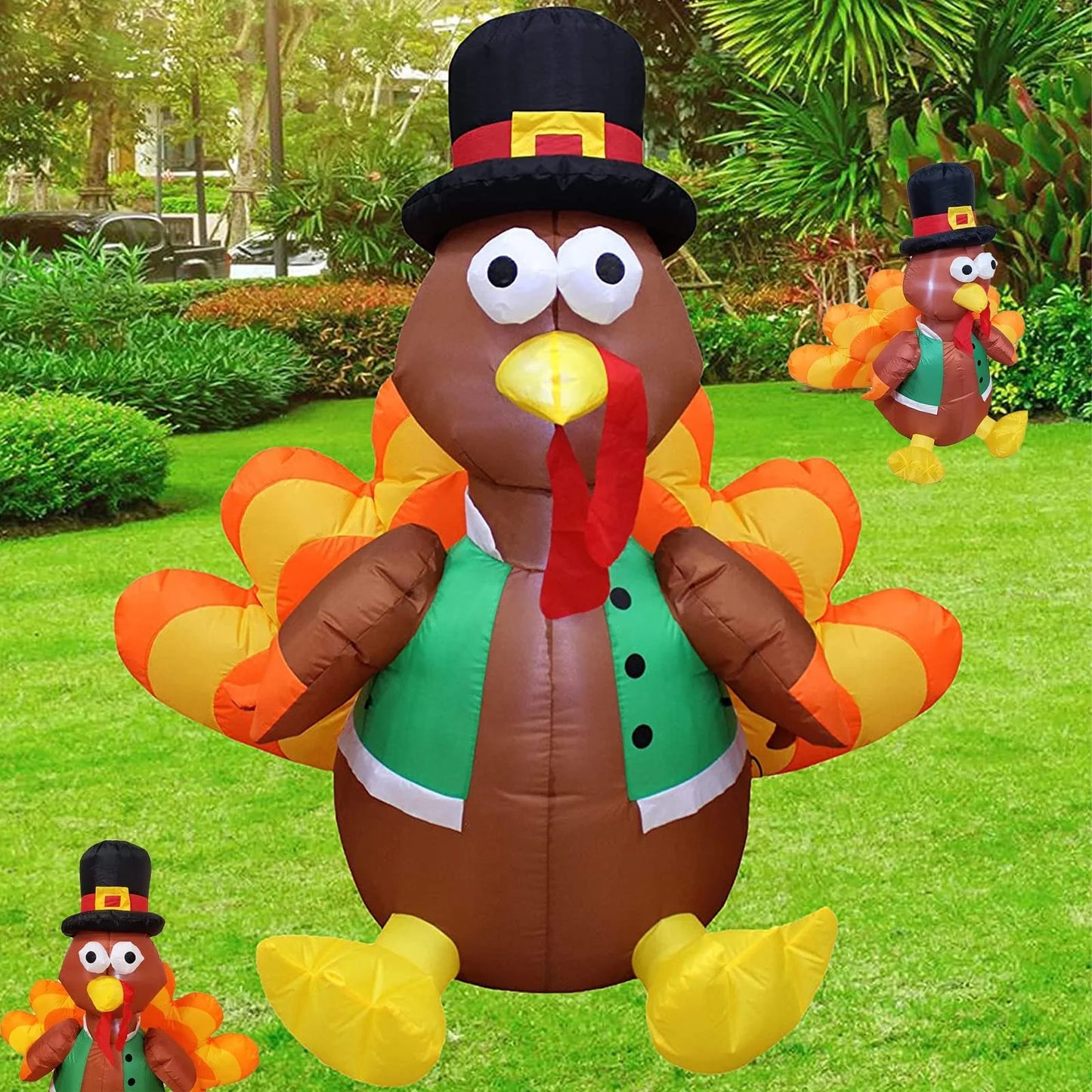 Thanksgiving Inflatable Turkey,  4Ft Height Outdoor Thanksgiving Decoration, Happy Thanksgiving Blow up Turkey with LED Stakes for Fall Family Blow up Outdoor Lawn Yard Holiday Decorations