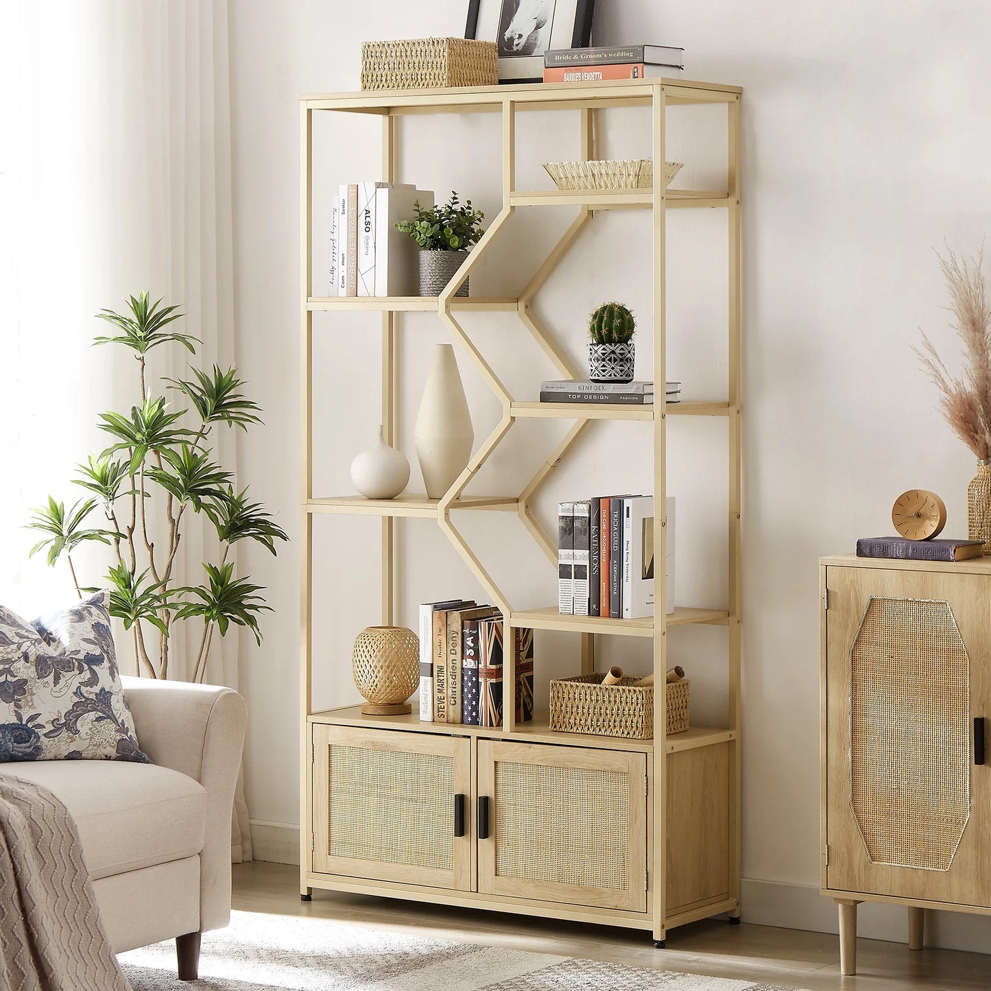 7 Tiers Rattan Bookshelf, Display Shelf Bookcases, Book Shelf Storage Rack with Cabinet for Living Room Home Office, Natural