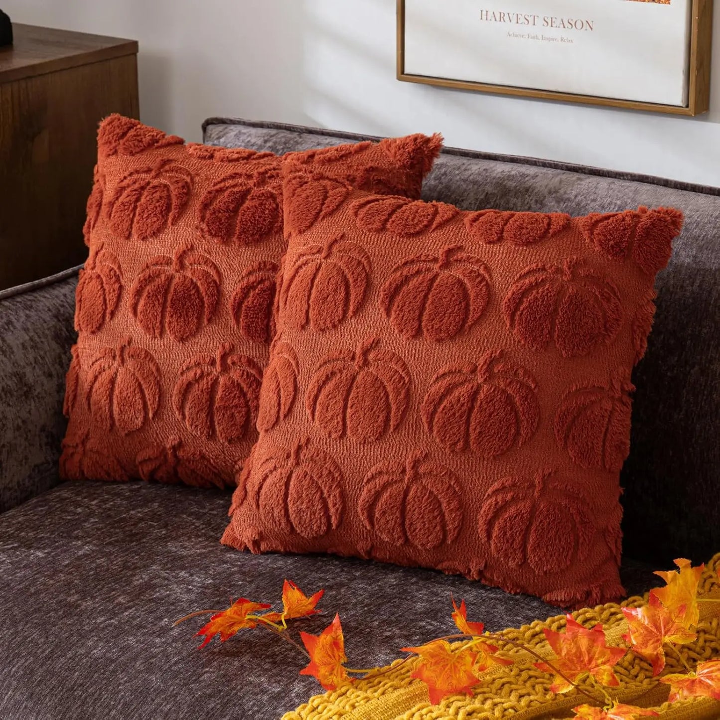 Pumpkin Fall Decorative Throw Pillow Covers Soft Faux Fur Pillow Covers for Autumn Plush Accent Pillow Cases for Halloween Decor