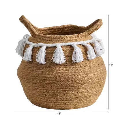 11 In. Natural Boho Chic Handmade Cotton Woven Basket Planter with Tassels