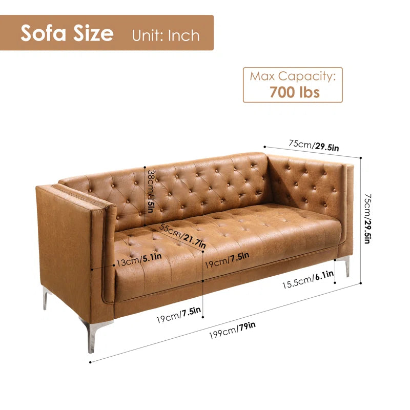 Bolware 79" Handmade 3-Seater Sofa, Upholstered Tufted Coach, Solid Wood Sofa