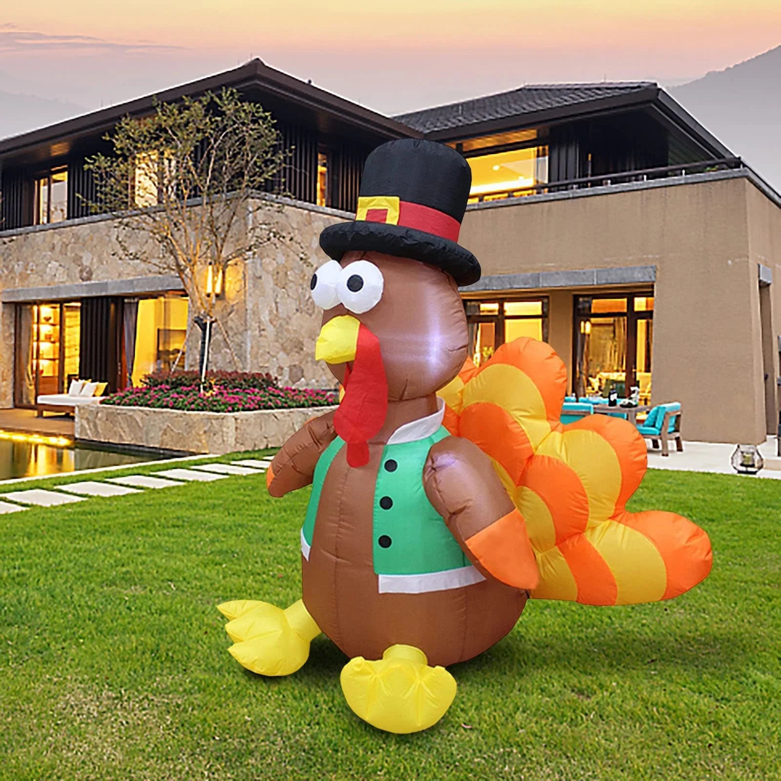 Thanksgiving Inflatable Turkey,  4Ft Height Outdoor Thanksgiving Decoration, Happy Thanksgiving Blow up Turkey with LED Stakes for Fall Family Blow up Outdoor Lawn Yard Holiday Decorations